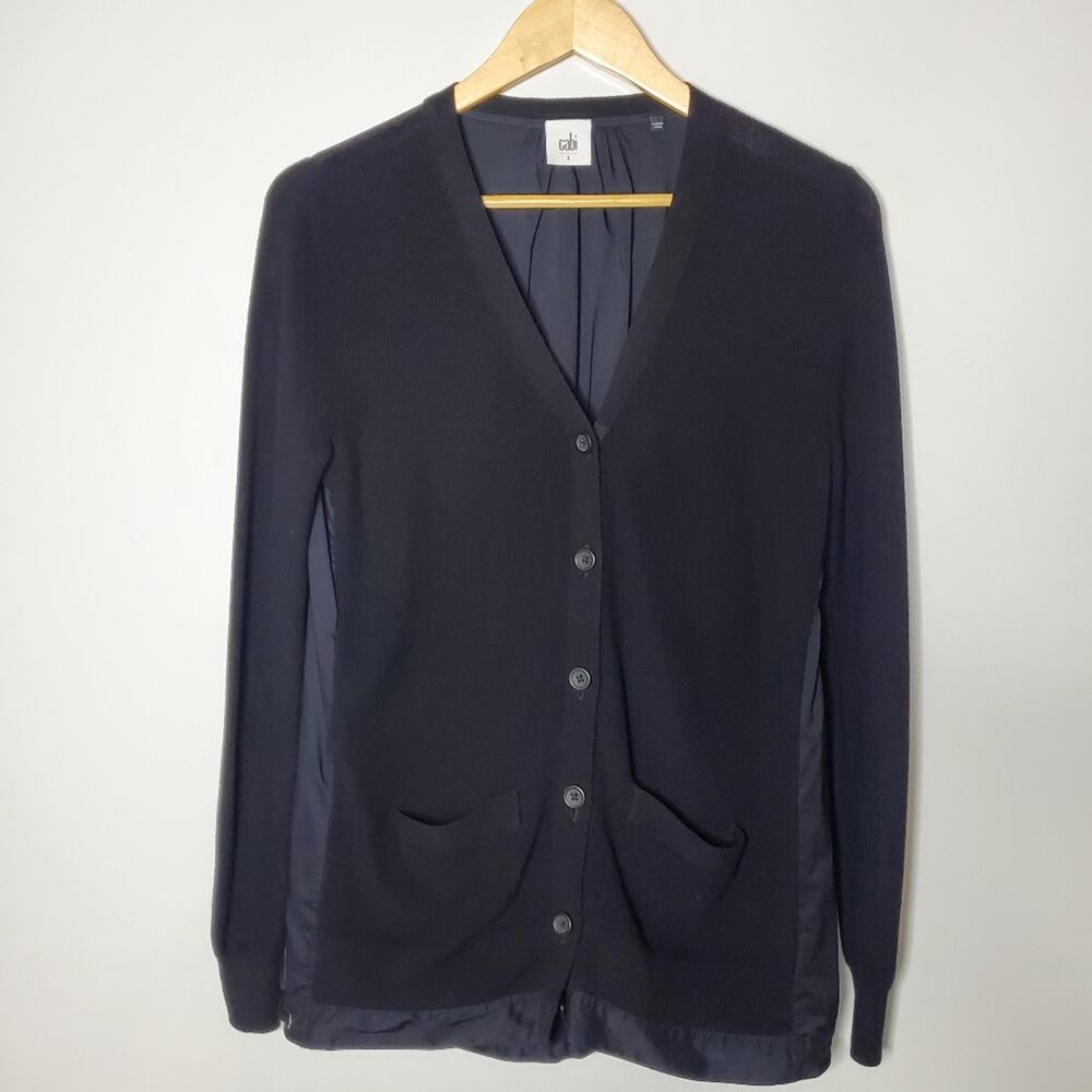 Cabi #5143 Windbreaker Cardigan Black Knit Woven Lightweight Sweater